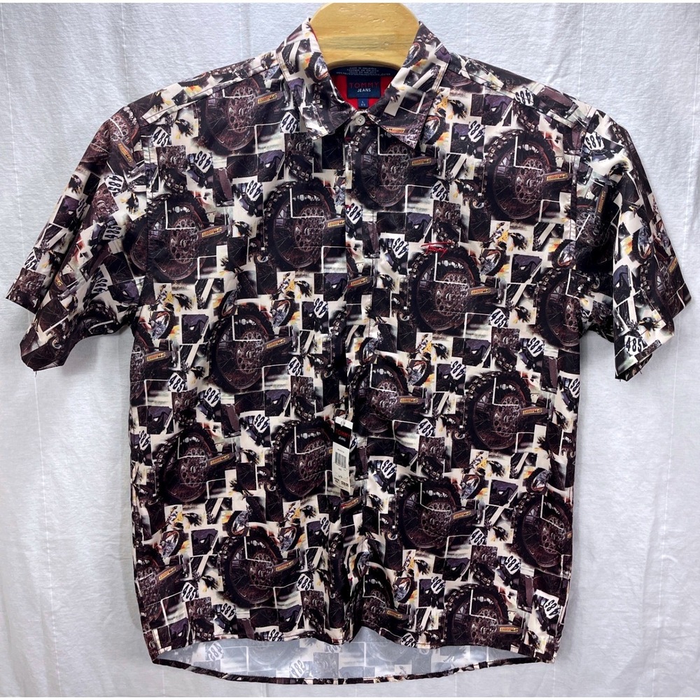 Tommy Jeans Mens Large Motorcycle Print Short Sleeve Button Down Shirt NEO NEW